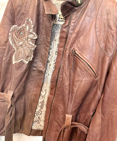 Vintage STEAVEN ASHFORD Patch & Belt Design Leather Coat M