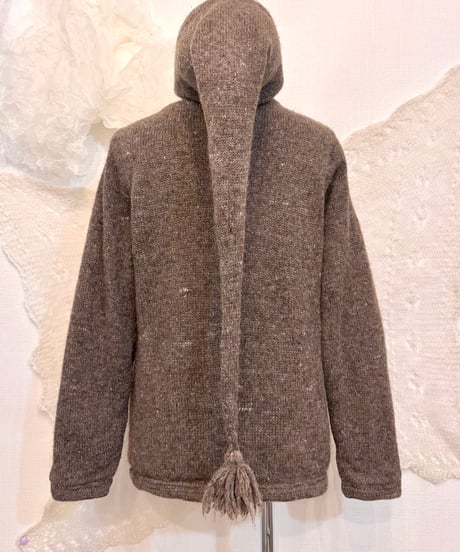 Vintage Gray Brown Pixie Hood Design Knit Jacket M