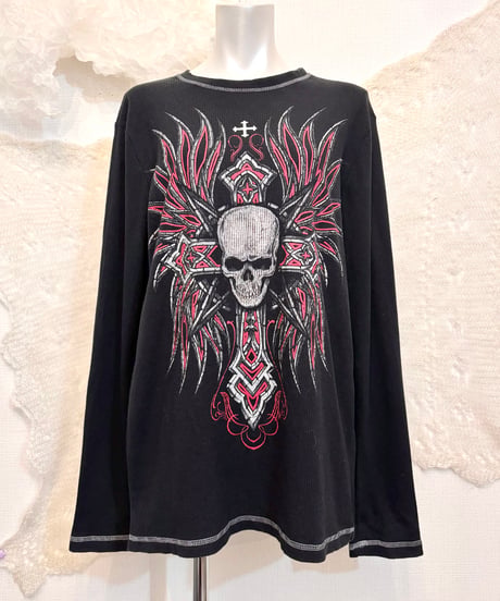 Vintage Black Skull & Cross Design Thermal Top L