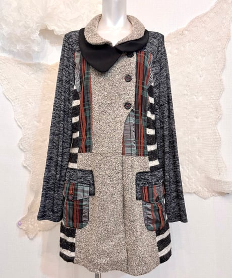 Vintage Border & Tartan Check Knit Design Coat M
