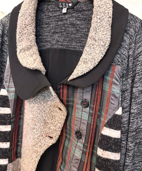 Vintage Border & Tartan Check Knit Design Coat M