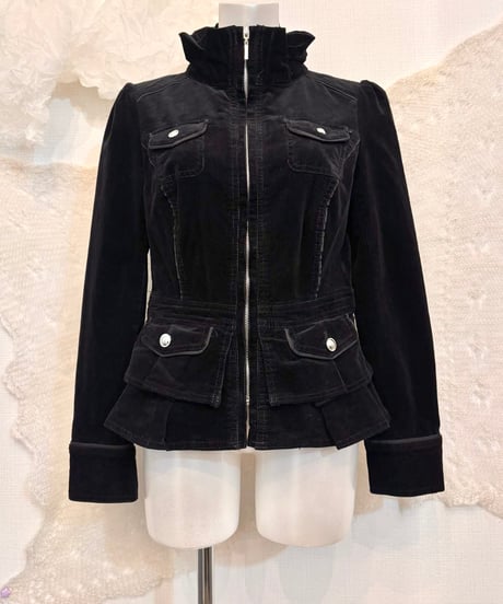 Vintage Black Corduroy Frill Design Zip Up Jacket S