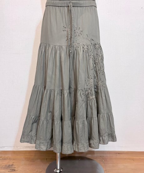 Vintage Khaki Gray Beaded Flower Embroidery Design Long Skirt S