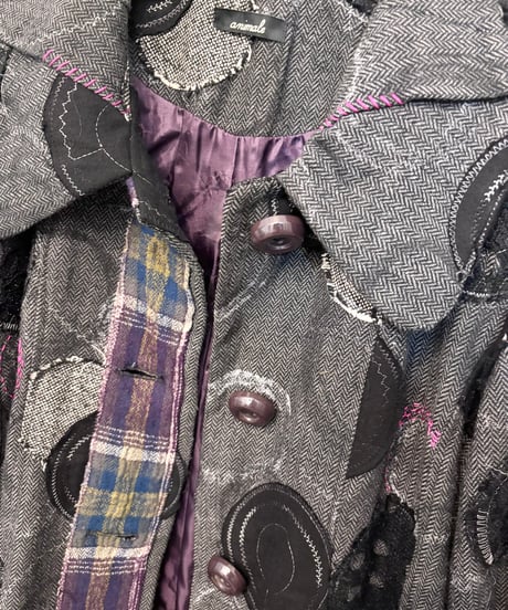 Vintage Patchwork & Stitch Design Soft Tweed Coat S
