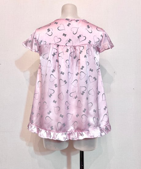 Vintage Heart & Ribbon Design Satin Pajama Top M