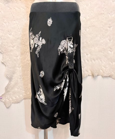 Vintage Strap Belt 2WAY Design Dragon Satin Skirt M