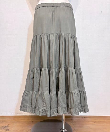 Vintage Khaki Gray Beaded Flower Embroidery Design Long Skirt S