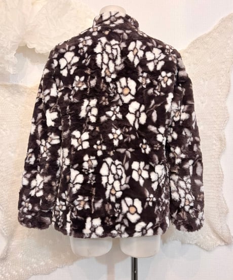 Vintage Brown Floral Design Faux Fur Coat M