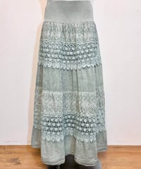 Vintage Green Gray Overdyed Lace Design Stretch Long Skirt M