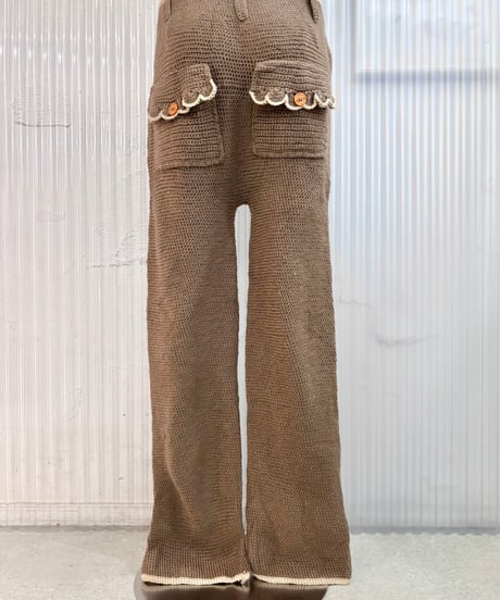 Vintage Gray Brown Pocket Design Hand Knit Pants M