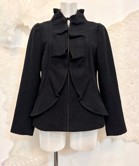 Vintage ANN TAYLOR Black Wool Frill Desrign Zip Up Jacket S