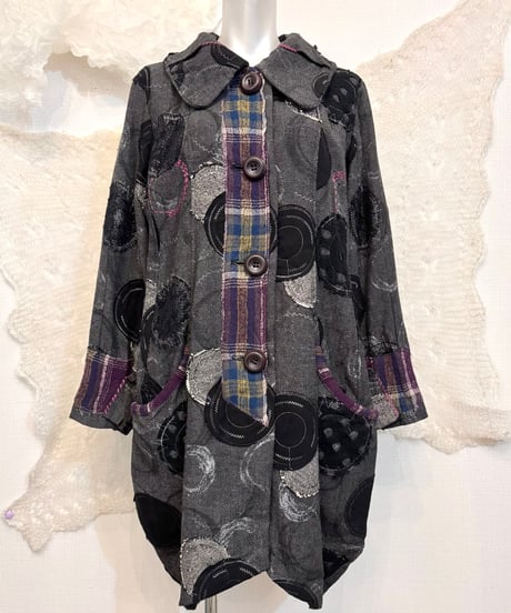 Vintage Patchwork & Stitch Design Soft Tweed Coat S