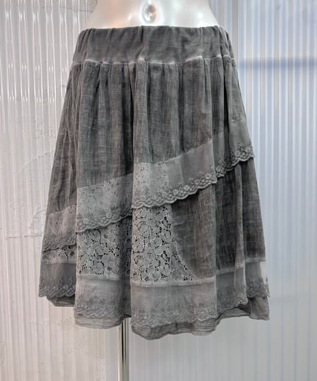Vintage Charcoal Gray Overdyed Lace Design Stretch Skirt M
