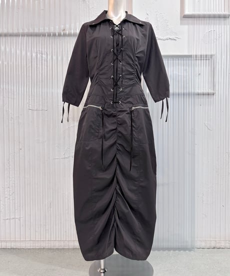 Vintage/Deadstock Gray Brown Lace Up Design One Piece M