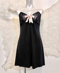Vintage Etam Black & Pink Ribbon & Frill Design Lingerie Dress M