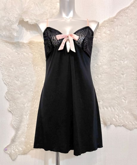 Vintage Etam Black & Pink Ribbon & Frill Design Lingerie Dress M