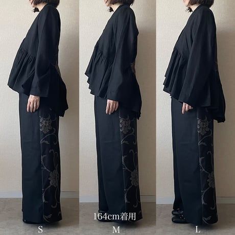 バックダイヤ・トップス【藍色】Linen gathered top x Kimono Fabric