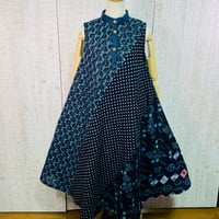 希少＊備後＆久留米絣等でスタンドカラーテントラインワンピースＭ〜Ｌ
