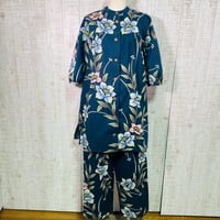 持ち込み＊反物オーダー＊桔梗柄浴衣前開きヨークカラーパフ袖オーバーブラウスとズボンＭ～Ｌ