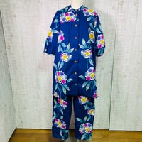 持ち込み＊反物オーダー＊虹色花柄浴衣前開きヨークカラーパフ袖オーバーブラウスとズボンＭ～Ｌ