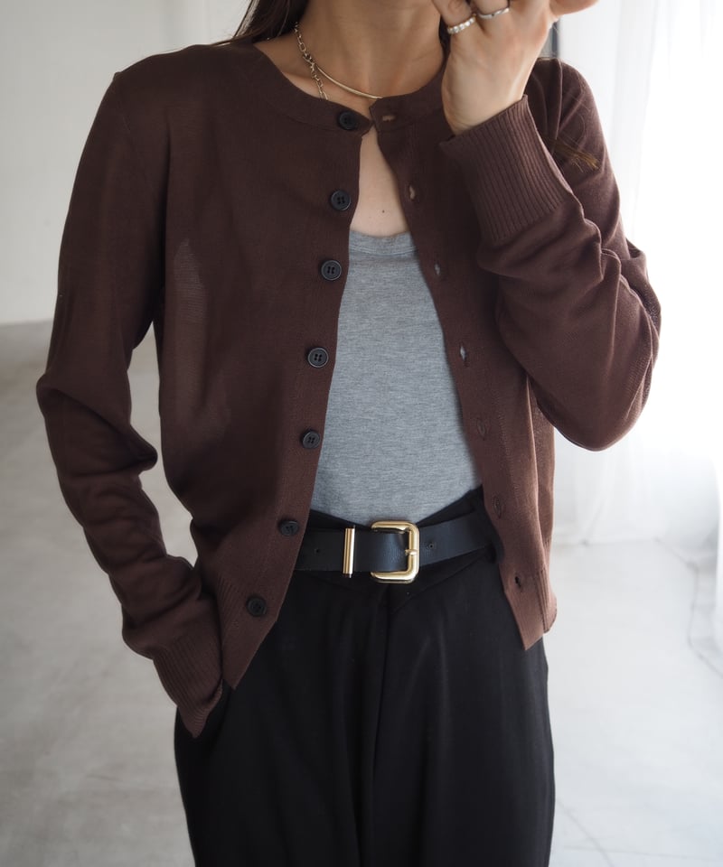 即納】black button sheer cardigan / brown | herin