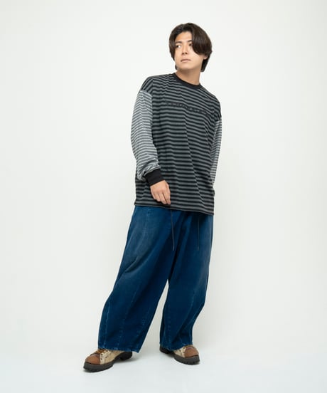 オーバーサイズ ミックスワークボーダーロンT（チャコール × グレー）