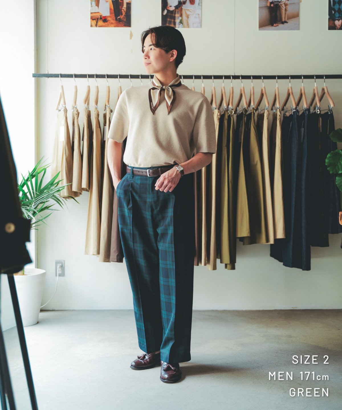 75 W/P gabardine 2tuck straight check pants |