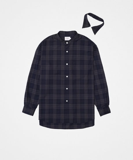 【先行予約】#-90 2way detachable collar wool mix check shirt (Navy)
