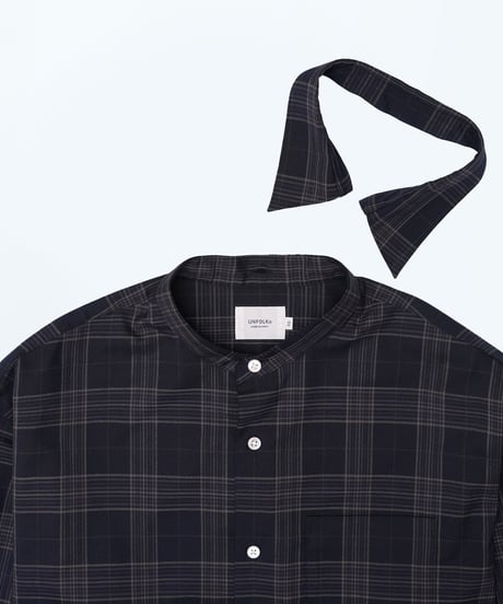 【先行予約】#-90 2way detachable collar wool mix check shirt (Navy)