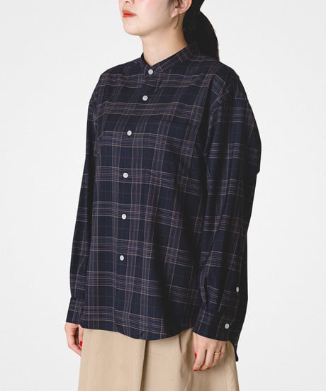 【先行予約】#-90 2way detachable collar wool mix check shirt (Navy)
