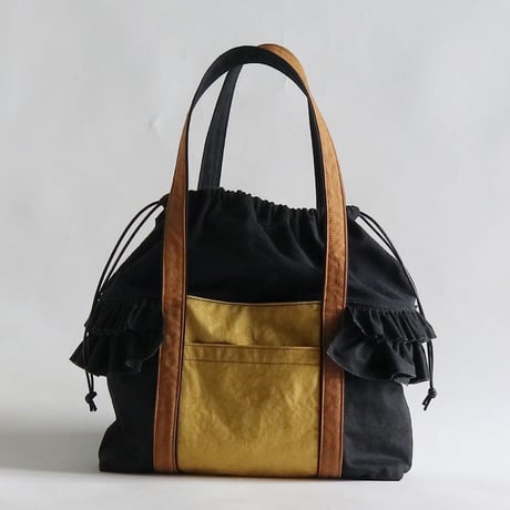 tricolor tote bag (black & mustard & kakisibu-iro)