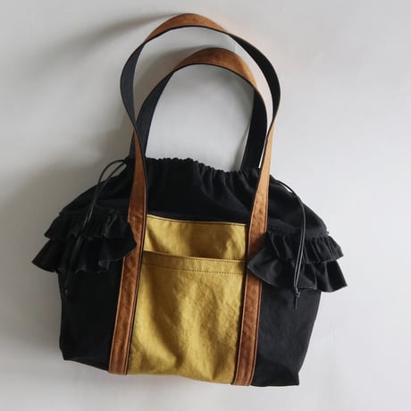 tricolor tote bag (black & mustard & kakisibu-iro)