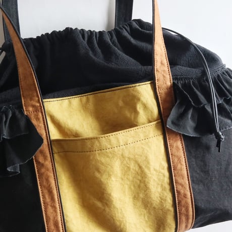 tricolor tote bag (black & mustard & kakisibu-iro)