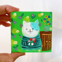 「お花が好きなフランケンねこちゃん」アクリル原画　7.5センチ