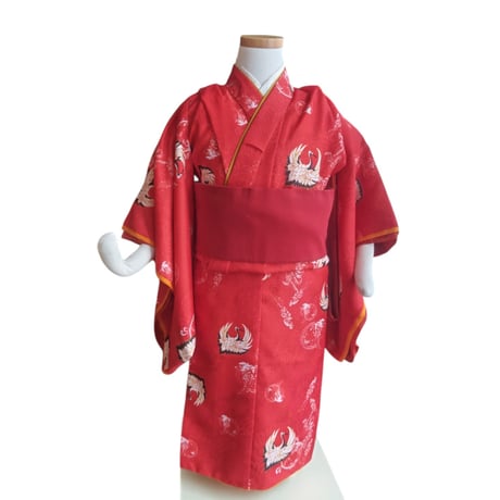 3歳　USED着物　赤鶴B　（着物単品　被布、帯は含まれません画像は参考です）