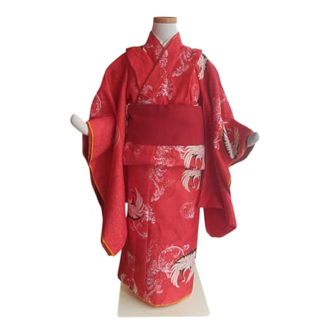 7歳　USED着物　赤鶴　（着物単品　帯は含まれません画像は参考です）