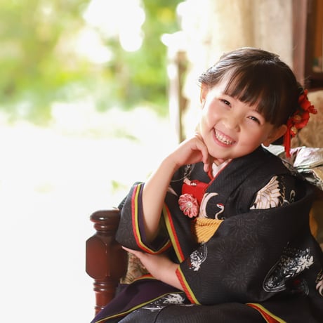7歳　USED着物　黒鶴　（着物単品　帯は含まれません画像は参考です）