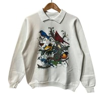野鳥 USA製 90s プリント 襟付き スウェット トレーナー 白