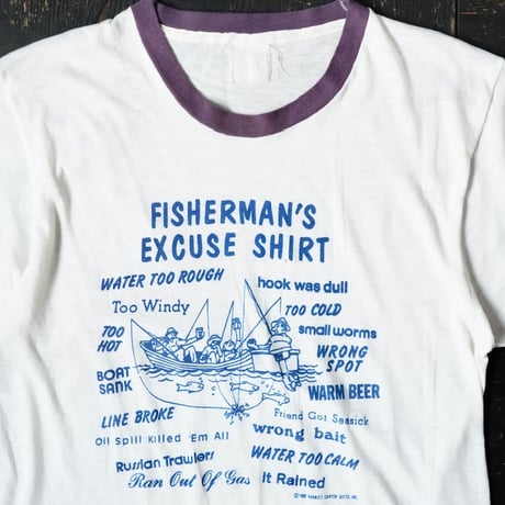 Vintage Fishing Print Ringer T-Shirt (80s about S)