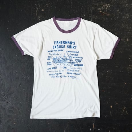 Vintage Fishing Print Ringer T-Shirt (80s about S)