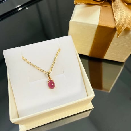 レディース 天然 ルビー ネックレス 一粒 K18 YG 0.5ct カボション 18金