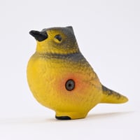 ソビエト　年代不明　赤と黒の模様の黄色い小鳥　ソフビ　人形　全長13cm