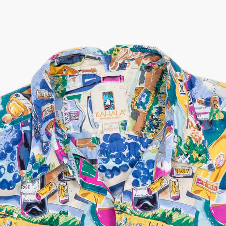 【USED】1990s KAHALA : Cotton Napa Wine Pattern Regular S/S Shirt (Made in USA) : XL