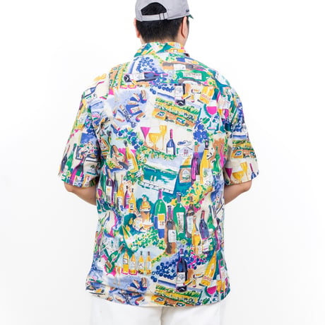 【USED】1990s KAHALA : Cotton Napa Wine Pattern Regular S/S Shirt (Made in USA) : XL