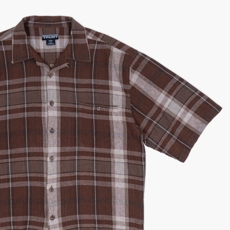 【USED】2000s TRUST : Linen Plaid Open Collar S/S Shirt : XXL