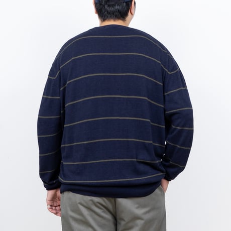 【USED】1990s nautica : Rayon Cotton Border Crew Sweater : XXL