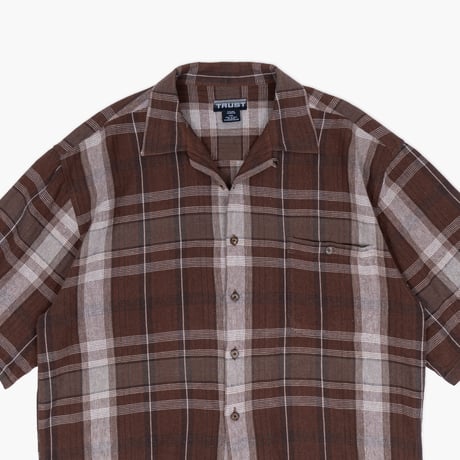 【USED】2000s TRUST : Linen Plaid Open Collar S/S Shirt : XXL