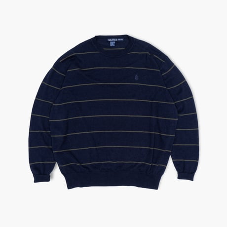 【USED】1990s nautica : Rayon Cotton Border Crew Sweater : XXL