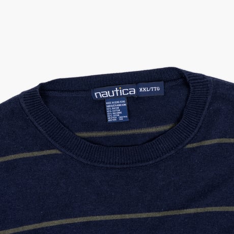 【USED】1990s nautica : Rayon Cotton Border Crew Sweater : XXL