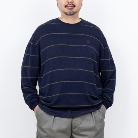 【USED】1990s nautica : Rayon Cotton Border Crew Sweater : XXL